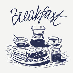 Breakfast, coffee, food vector sketch illustrations, hand drawn