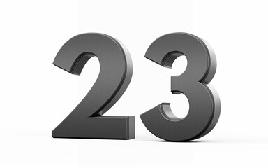 Sleek, metallic Black number 23 Twenty three standing on a white background, 3d illustration