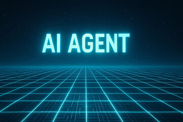 Futuristic AI Agent Hologram &ndash; Glowing Neon Text in Sci-Fi Cityscapes and Digital Environments