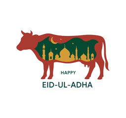 Eid ul adha vector for greetings with cow, goat and mosques 