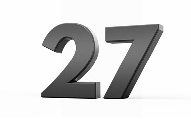 Fototapeta premium Sleek, metallic Black number 27 Twenty seven standing on a white background, 3d illustration