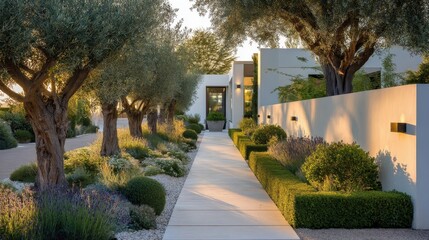 Obraz premium Sunlight warming white modern house nestled among olive trees, lavender landscaping, and trimmed hedges, embodying peaceful mediterranean residential design