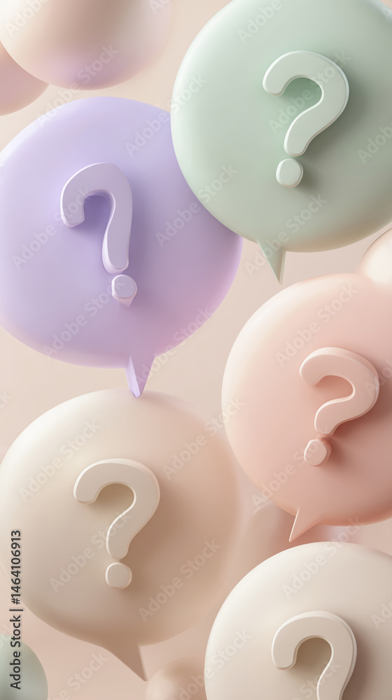 Poster Pastel-colored speech bubbles with question marks, creating a soft and inquisitive visual.  Represents curiosity, questions, or FAQs