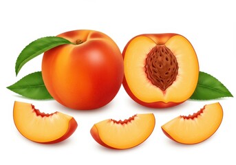 Ripe peach fruit with a half cut peach and slices on a white background, garnished with green leaves