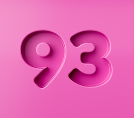 Vibrant pink number 93 Ninety three embossed on a pink background, 3d illustration
