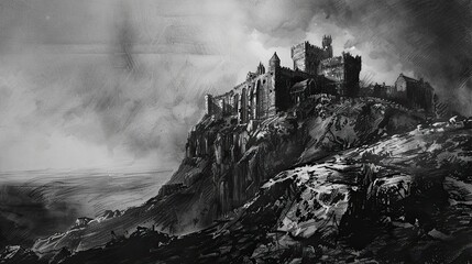 Naklejka premium Majestic castle perched atop a dramatic cliffside, shrouded in moody atmosphere