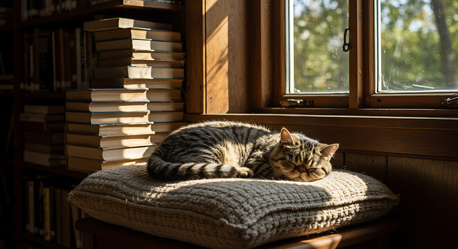 Cozy cat napping by the window