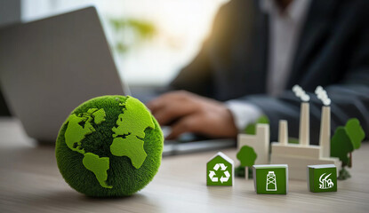 Over the Shoulder View of Businessman with Green Earth, Factory and Recycle Icons, World environment day, Responsibility for a green planet, Sustainable growth