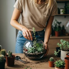 Woman Hands Arranging Succulents in Glass Terrarium on Wooden Table