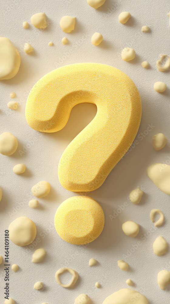Poster large yellow question mark with textured surface, surrounded by smaller yellow shapes on beige backg