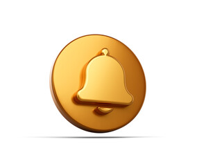 3D Golden bell button icon for notifications and updates. 3d illustration