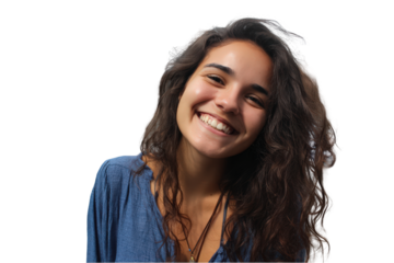 Portrait of a happy young woman with long brown curly hair smiling joyfully against a studio shot girl on transparent background