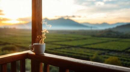 Fototapeta premium Coffee Mug on Railing with Misty Sunrise Scene.