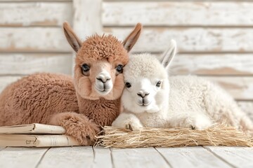 Two adorable baby alpacas, one brown and one white, cuddle together on hay against a rustic white wood background