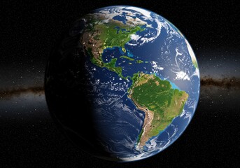 Fototapeta premium Earth in space showing north and south america with stars and a nebula in the background