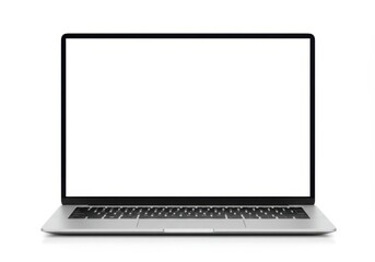 Front view of an open silver laptop with a blank white screen isolated on a white background