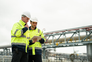Engineers wearing safety gear discussing work at an oil refinery plant. Industrial background with...