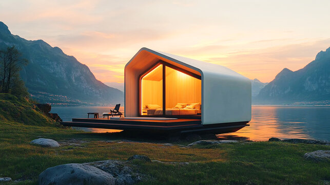 Futuristic tiny house with a geometric Facade is illuminated at sunset