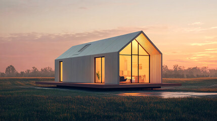 Obraz premium Futuristic tiny house with a geometric Facade is illuminated at sunset