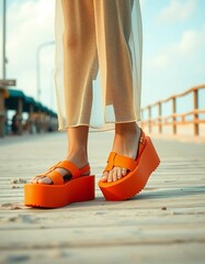 Bright orange platform sandals on feet at the beach with soft sand in summer vibes. Modern footwear fashion under sunny blue skies, evoking feelings of warmth, relaxation, and contemporary style.

