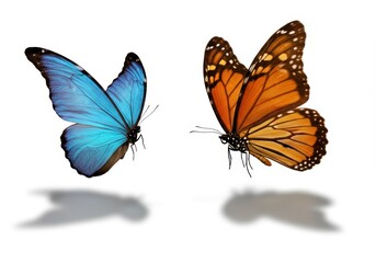 Obraz premium Two butterflies, one blue and one orange, with shadows, isolated on a white background