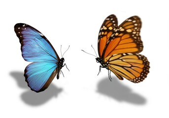 Fototapeta premium Two butterflies, one blue morpho and one monarch, face each other on a white background casting shadows
