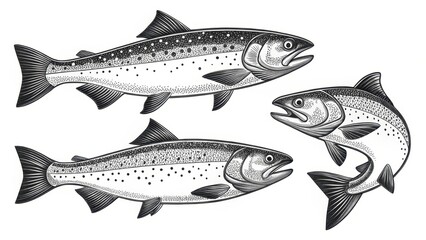 Obraz premium Detailed Illustrations of Trout Fish in Black and White Design