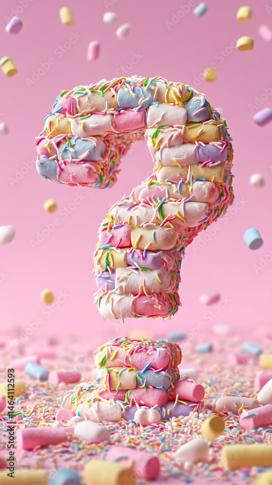 Poster pastel marshmallows form a question mark against a pink backdrop, surrounded by sprinkles. sweet, pl