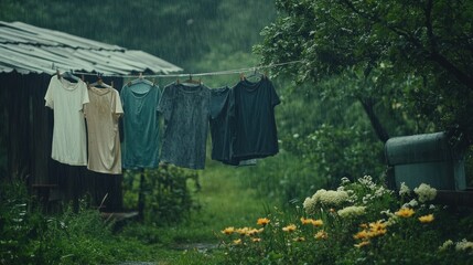 Rain-soaked clothesline with shirts drying outdoors in a lush garden setting