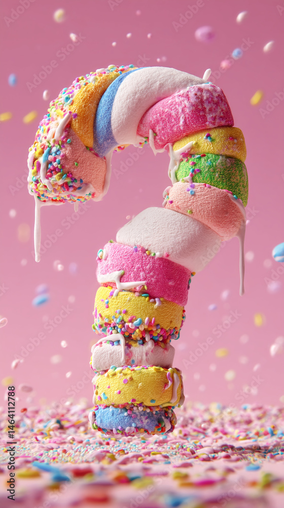 Poster stack of colorful marshmallows forming question mark, drizzled with icing, surrounded by sprinkles o