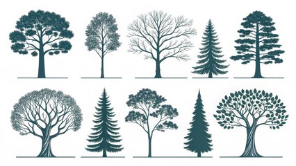 Fototapeta premium Unique Tree Icons Pictogram Set Featuring Varied Tree Designs