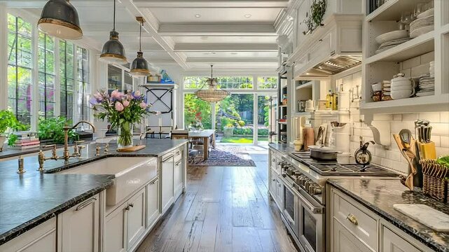 Bright, airy kitchen with garden views.  Open concept design showcasing a large island, plenty of storage, and natural light