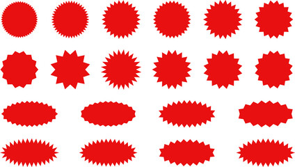 Starburst red sticker set - collection of special offer sale oval and round shaped sunburst labels and badges. Promo stickers with star edges. Promo advertising
