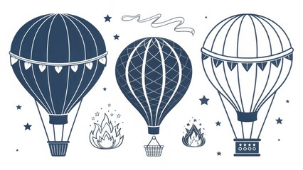 Set of Unique Pictograms Featuring Various Hot Air Balloons Designs
