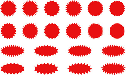 Starburst red sticker set - collection of special offer sale oval and round shaped sunburst labels and badges. Promo stickers with star edges. Promo advertising