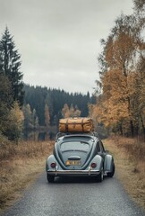 Vintage car on a scenic autumn road trip
