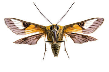 Close-up of a vibrant yellow and brown moth against a white background.