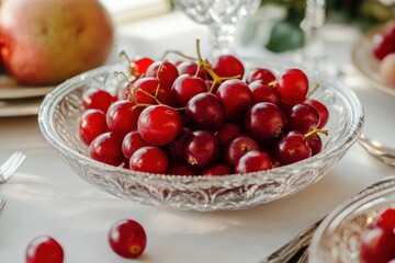 Delicious ripe red fruits presented in elegant tableware setup