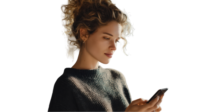 Young woman with curly hair using smartphone modern technology stylish casual sweater girl hand style on transparent background