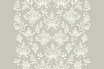 Vintage Floral patterns seamless background border embroidery ethnic batik retro. Lotus Flower motifs White green pink silhouette watercolour flowers ikat design hand drawn. Vector illustration.