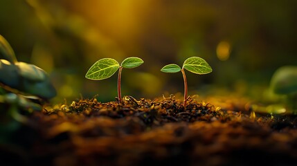 Two young seedlings sprout in rich soil bathed in golden sunlight, symbolizing growth and new beginnings.