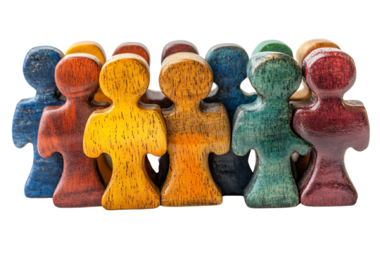 A collection of colorful wooden figures representing diverse individuals standing together, symbolizing unity and community.