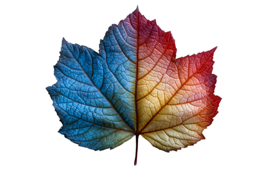 A colorful gradient leaf showcasing vibrant hues of blue, orange, and red, perfect for nature-themed projects.