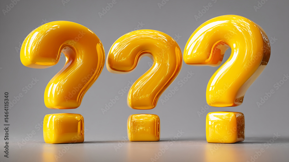 Poster three glossy, yellow question marks on a gray background, symbolize inquiry, uncertainty, and the se