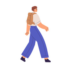 Man walking with backpack. Young male student going outdoors, carrying bag pack, side view, profile. Casual person with knapsack outside. Flat vector illustration isolated on white background