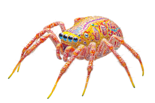 A vibrant, colorful crab with intricate patterns and bright hues on its shell.