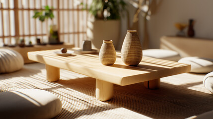 Natural Wood Minimalist Coffee Table with Vases and Cushions in Sunny Room