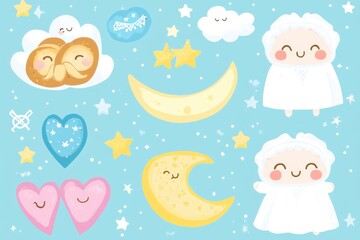 Charming characters and whimsical shapes bring a playful touch to a dreamy night sky