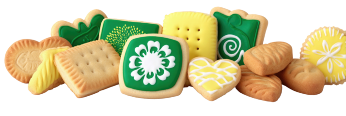 An assortment of beautifully decorated cookies in various shapes and colors is artfully arranged. The cookies feature designs of flowers, hearts, and leaves, creating an inviting treat display