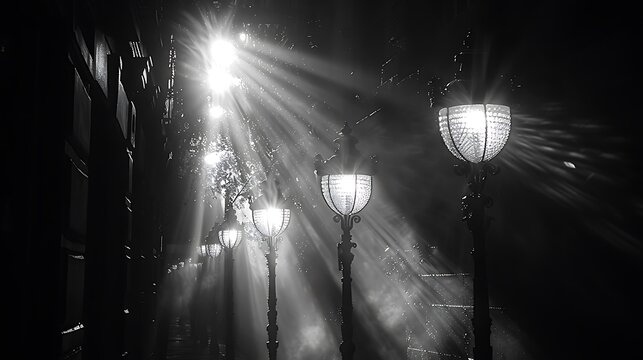 Fototapeta Black and white photo of illuminated street lamps with dramatic light rays in a misty atmosphere